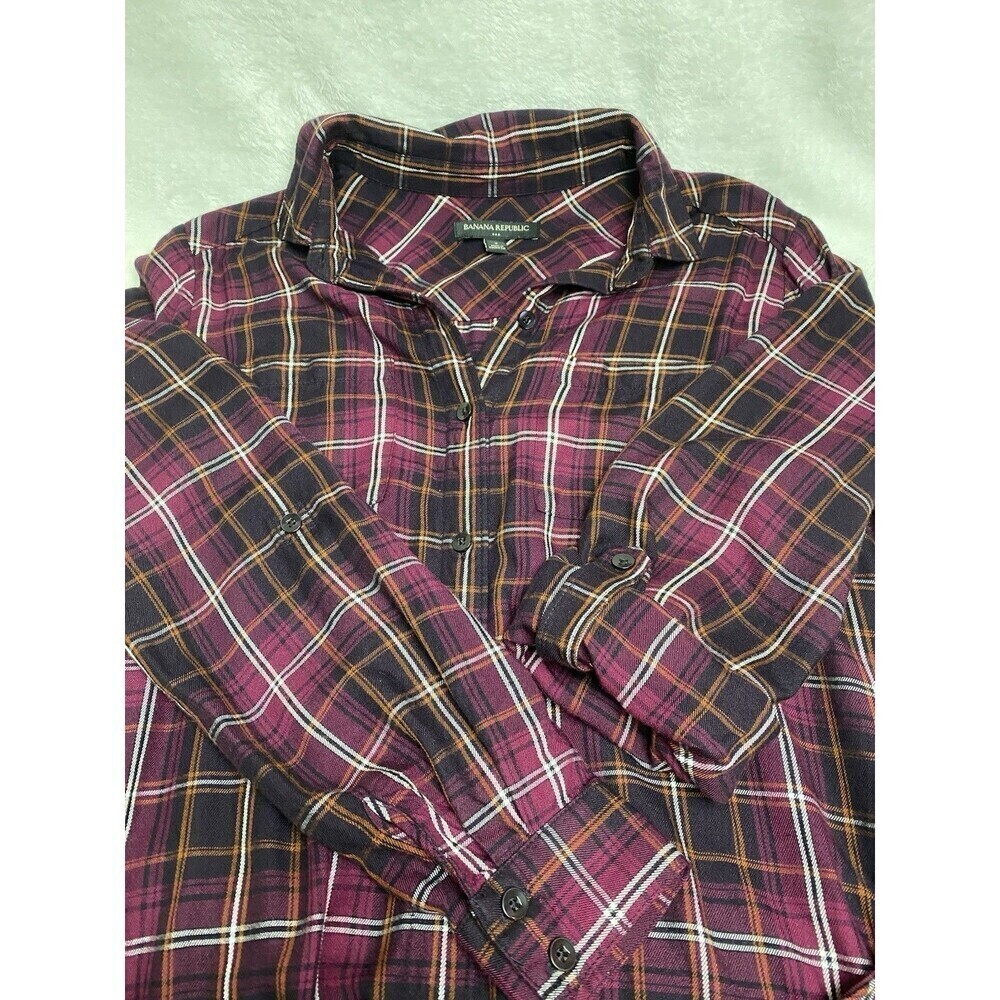 Banana Republic Women’s Plum Plaid, Button Down, Tie Waist Shirt Dress Size 2 - Picture 12 of 16